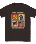 Brun t-shirt med provokativ illustration om politisk paketering och ideologi