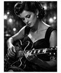 Konstnärlig jazzposter i svartvitt med en musiker som koncentrerat spelar gitarr i klassisk frisyr.