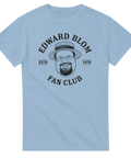 Edward Blom Fan Club-tryck med karikatyr av Edward Blom i stråhatt, ljusblå T-shirt.