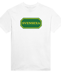 Stilren Svensexa-logotyp med ram på vit t-shirt för gänget