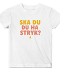 Vit t-shirt för barn med humoristiskt budskap och grafisk blixt