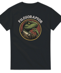 Absurd illustration av en tänkande dinosaurie i kostym tryckt på t-shirt