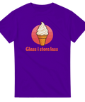 Tecknad mjukglass i våffla med text "Glass i stora lass" på lila t-shirt.