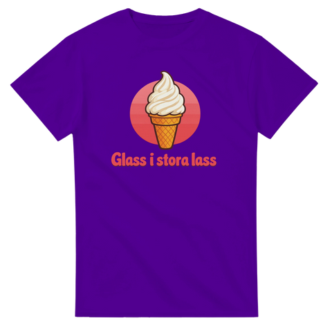 Tecknad mjukglass i våffla med text "Glass i stora lass" på lila t-shirt.