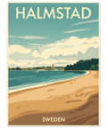 Grafisk Halmstad travel poster med strand och hav i mid-century stil