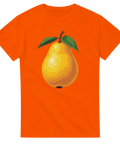 Grafiskt päronmotiv med botaniska detaljer på orange t-shirt
