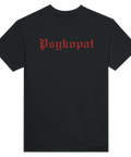 T-shirt med rött psykopat-tryck i gotisk stil på svart bakgrund