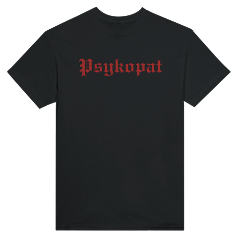 T-shirt med rött psykopat-tryck i gotisk stil på svart bakgrund