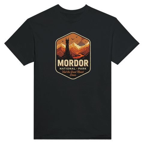 Retro park-poster illustration av Mount Doom och Barad-dûr – grafisk t-shirt