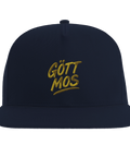 Broderad text Gött Mos i gult på en marinblå snapback-keps