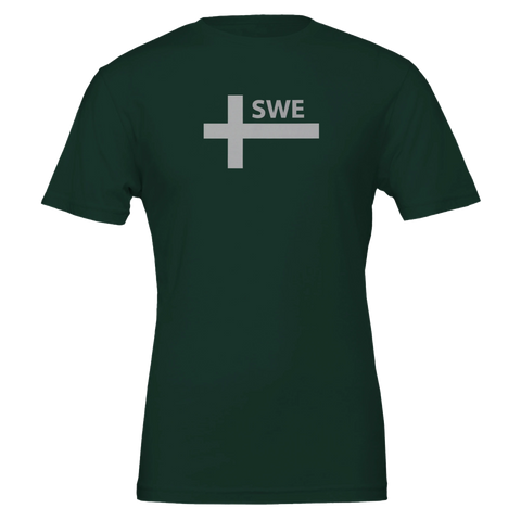 Skogsgrön t-shirt med stilren illustration av ett kors och texten SWE