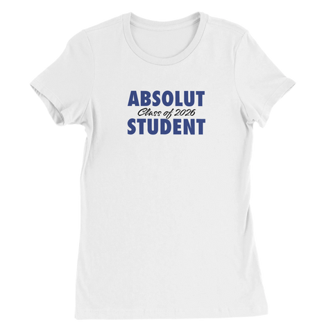 Vit dam-t-shirt med minimalistisk textdesign för studenten 2026