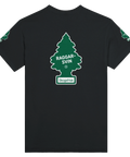 Raggarsvin doftgran-motiv på svart t-shirt med rygg- och ärmtryck, satirisk retrodesign.