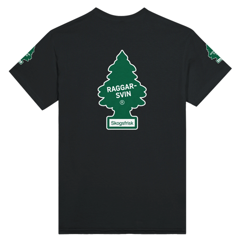 Raggarsvin doftgran-motiv på svart t-shirt med rygg- och ärmtryck, satirisk retrodesign.