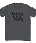 Mörkgrå melerad t-shirt med humoristiskt Grand Theft Lunch-tryck