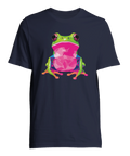 Illustration av en färgsprakande groda på marinblå t-shirt