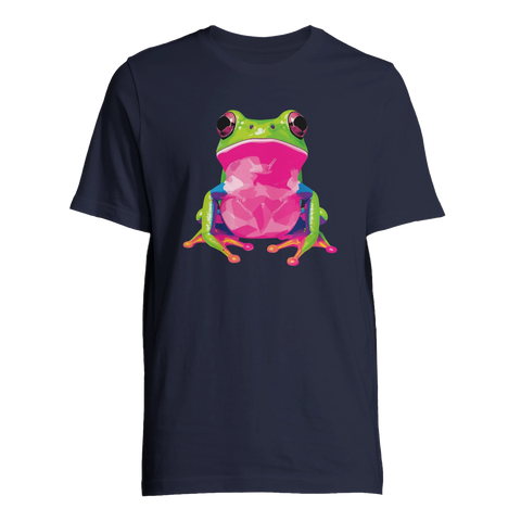 Illustration av en färgsprakande groda på marinblå t-shirt
