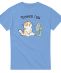 Grafisk illustration av somrig katt och fläkt – blå t-shirt med citat