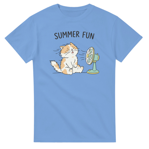 Grafisk illustration av somrig katt och fläkt – blå t-shirt med citat