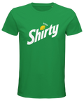 Grön ekologisk premium t-shirt med vit och gul Shirty-logga som parodierar Sprite på bröstet