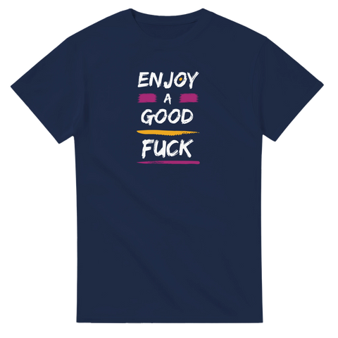 Marinblå t-shirt med texten Enjoy a Good F*ck i retrostil