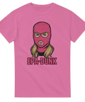 T-shirt med Epa-Dunk-tryck, rosa design med tecknad tjej i balaklava, perfekt för raggare och fans av epa-musik och baslådor