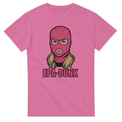 T-shirt med Epa-Dunk-tryck, rosa design med tecknad tjej i balaklava, perfekt för raggare och fans av epa-musik och baslådor