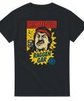 Svart t-shirt med tecknad Erik Meduza i seriestil, texten "Raggen Går" och färger i rött, gult och blått – perfekt för raggare och Meduza-fans.