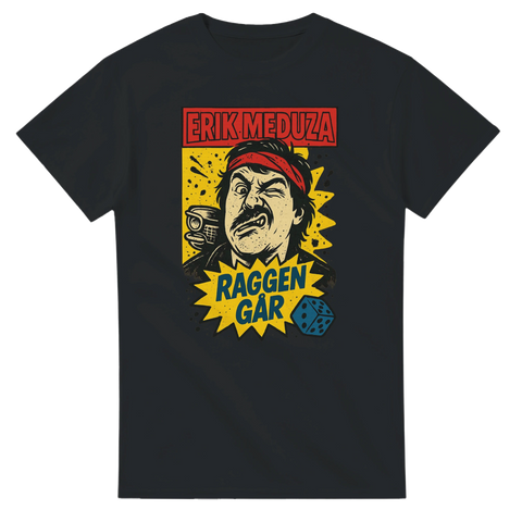 Svart t-shirt med tecknad Erik Meduza i seriestil, texten "Raggen Går" och färger i rött, gult och blått – perfekt för raggare och Meduza-fans.