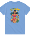 Ljusblå t-shirt med retroillustration av kvinna i bikini och texten Tuttar