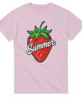 Ljusrosa t-shirt med lekfullt illustrerat jordgubbsmotiv och retrotext