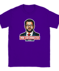 Lila t-shirt med grafiskt porträtt och texten Min Statsminister 2026