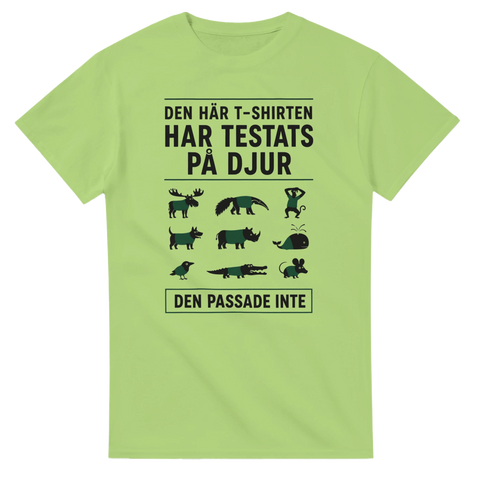 Rolig t-shirt med citat om djurtester i limegrön färg och minimalistisk stil