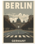 Vintageinspirerad reseaffisch föreställande Berlin med arkitektonisk symmetri, alléer och texten Berlin Germany.