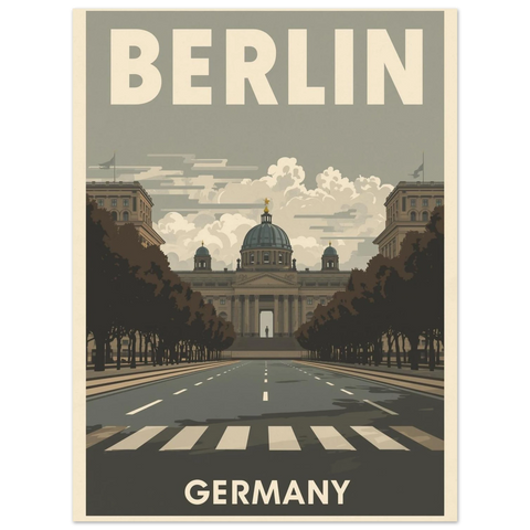 Vintageinspirerad reseaffisch föreställande Berlin med arkitektonisk symmetri, alléer och texten Berlin Germany.