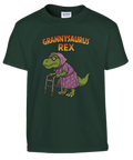 Dinosaurie som gammal dam med rullator – grafiskt tryck på mörkgrön t-shirt