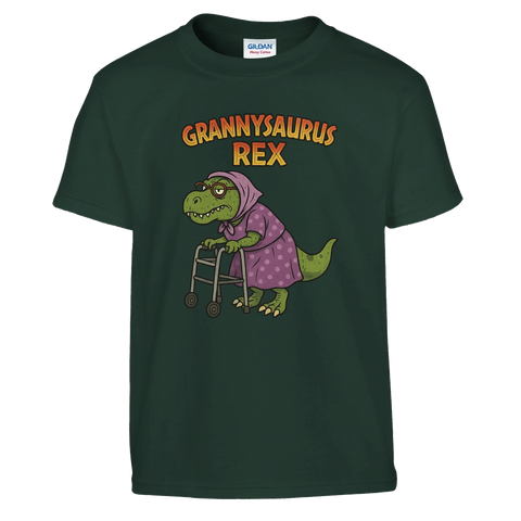 Dinosaurie som gammal dam med rullator – grafiskt tryck på mörkgrön t-shirt