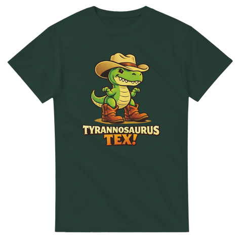 Grön t-shirt med tecknad Tyrannosaurus Rex i cowboyhatt och boots
