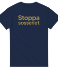 Marinblå t-shirt med guldtryck och det politiska citatet Stoppa sosseriet