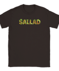 Svart t-shirt med en absurd och färgglad illustration av vegetariska ingredienser