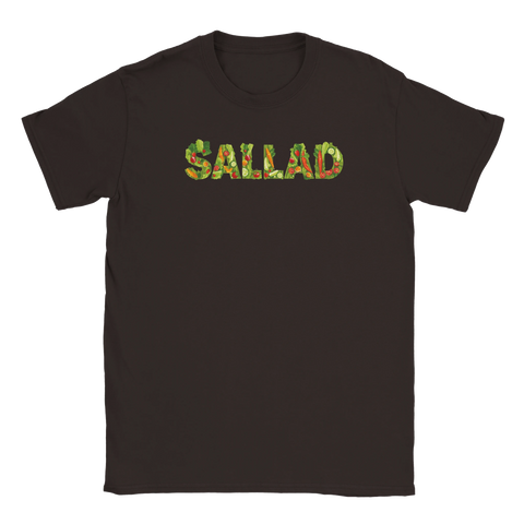 Svart t-shirt med en absurd och färgglad illustration av vegetariska ingredienser