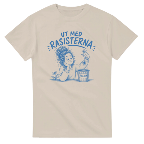 Illustration av blomma och papperskorg med politiskt budskap – sandfärgad t-shirt