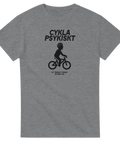 Svart "Cykla Psykiskt" tryck med cyklist och text "Att trampa i tankar en inre tur" på grå t-shirt.