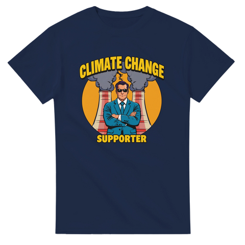 Climate Change Supporter" pop-art tryck med man i kostym, rökande skorstenar på marinblå t-shirt.