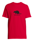 Röd t-shirt med en svart råttillustration och minimalistisk text