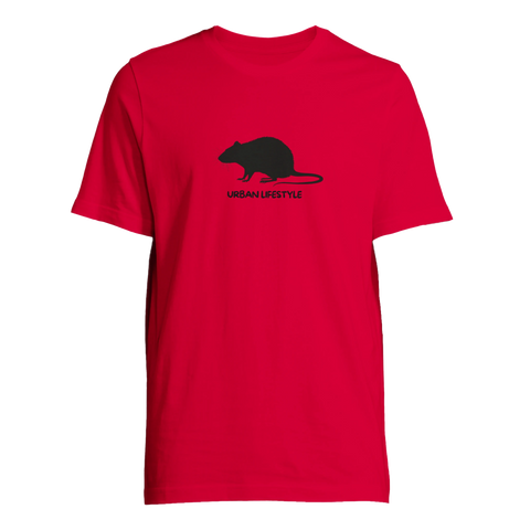 Röd t-shirt med en svart råttillustration och minimalistisk text