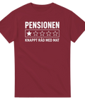 Rolig t-shirt med recension av pensionen på mörkröd bomullströja