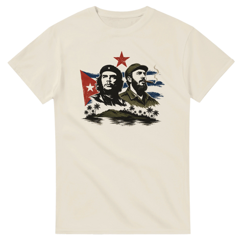 Kubansk flagga med Che Guevara och Fidel Castro på off-white t-shirt