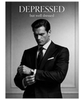 Närbild på en stilren poster med ett melankoliskt modetema och texten Depressed but well dressed i klassiskt typsnitt.