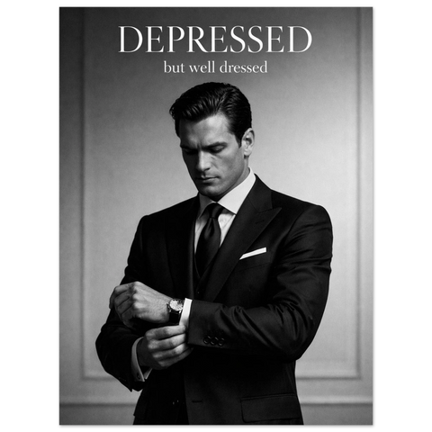 Närbild på en stilren poster med ett melankoliskt modetema och texten Depressed but well dressed i klassiskt typsnitt.